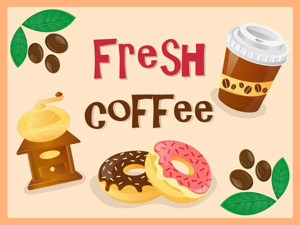 Poster frischer Kaffee. Kunststoffverschluss, Kaffeemühle, Kaffeebohnen und — Stockvektor