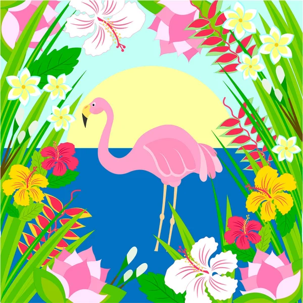 Фламинго на солнце, море и тропические цветы — стоковый вектор