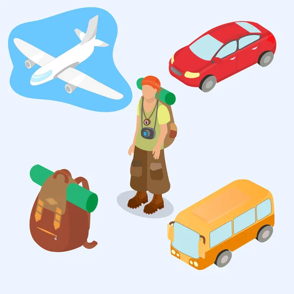 Plane, bus, car, backpack with a road rug and tourist traveler — Stock Vector