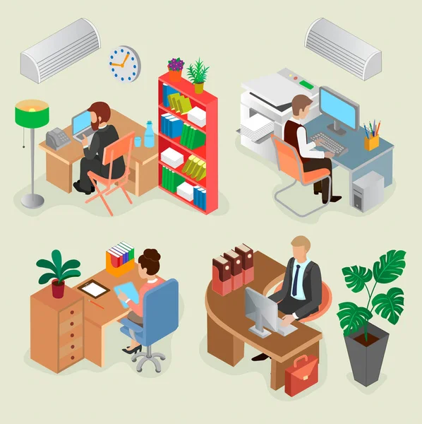 等距办公室的室内设计和具有创造力的员工 — 图库矢量图片