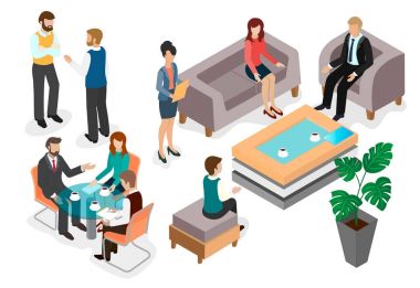 Görevliler lobisinde bir iş toplantısında konuşan çalışanlar