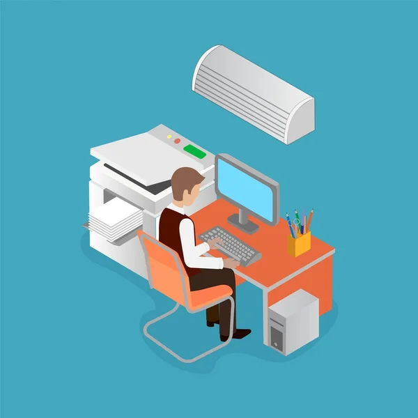 Gestionnaire dans le bureau avec du matériel travaillant à l'ordinateur . — Image vectorielle