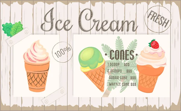 Cartaz, menu de uma página, placemat sorvete . — Vetor de Stock