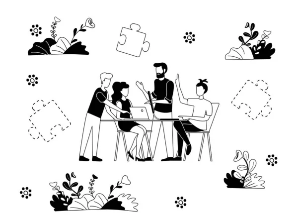 Illustration vectorielle monochrome noir et blanc Bannière Teambuldin — Image vectorielle