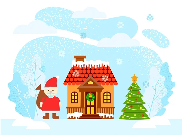 Babbo Natale vicino al portico di una casa accogliente con una corona di Natale sulla porta — Vettoriale Stock