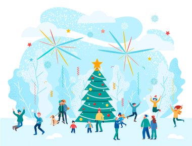 Noel karları ormanları kapladı ve neşeli mutlu bir çağ