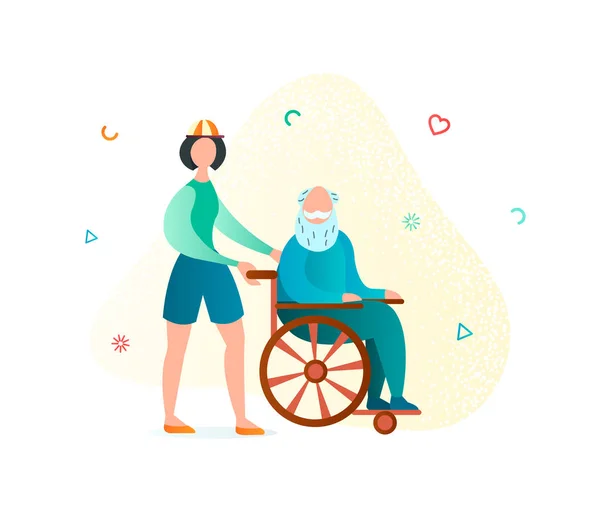 Staruszek na wózku inwalidzkim i wolontariuszka pielęgniarka z nim — Wektor stockowy