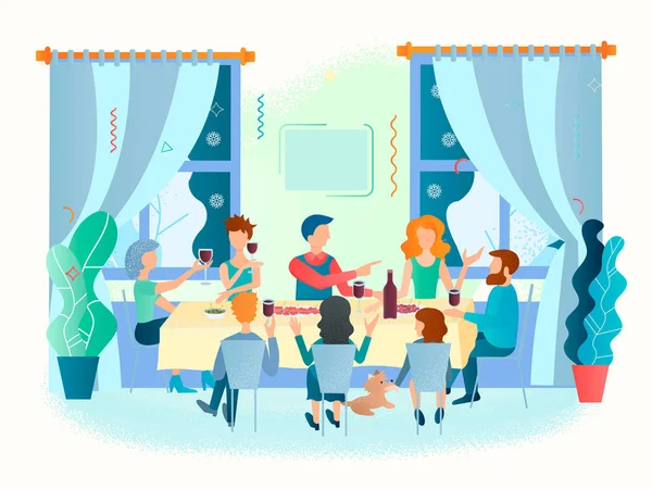 家人和朋友们围坐在一个舒适的温床上，坐在喜庆的餐桌前 — 图库矢量图片