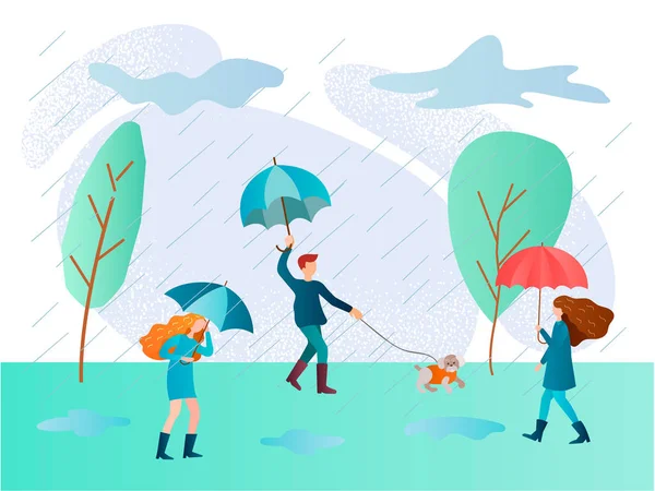 Deszczowy dzień i ludzie spacerujący w deszczu z parasolami. — Wektor stockowy