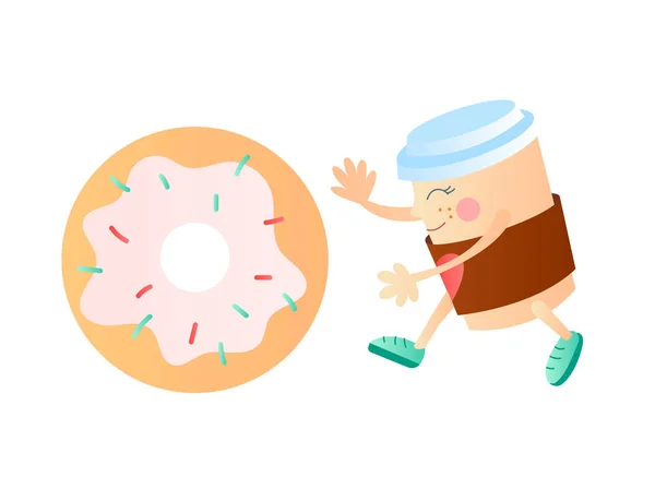 Beker met koffie rolt een donut, de cartoon stijl — Stockvector