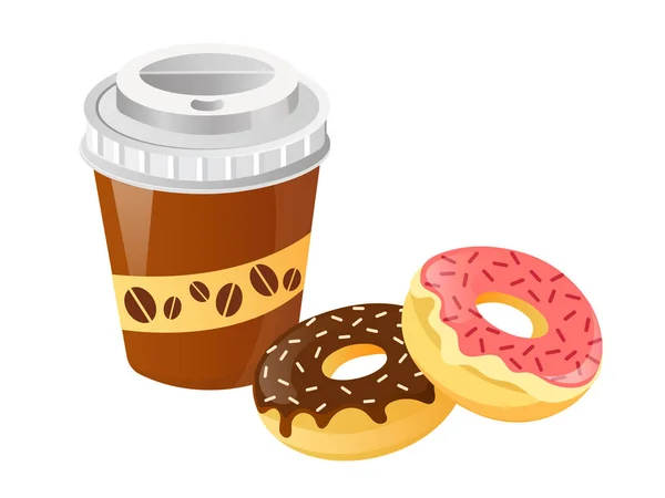 Tazas de café y rosquillas con hielo vector ilustración — Vector de stock