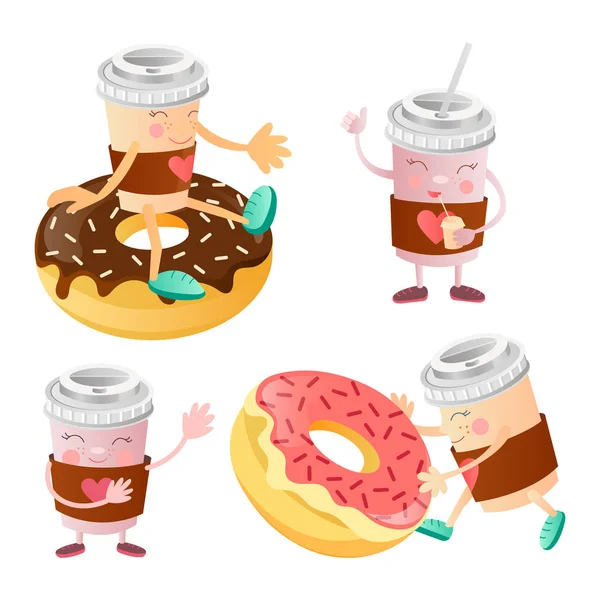 Coffee cups and donuts with icing. — Stock Vector
