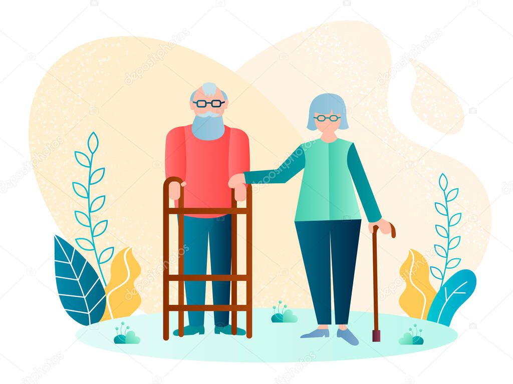 Handicapped elderly couple vector illustration. 