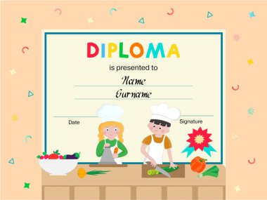 Diploma, certificate, rewarding of participants in childrens cooking courses, contests, master classes. Vector illustration concept. Memorable letter for an interesting pastime for kids holidays. clipart