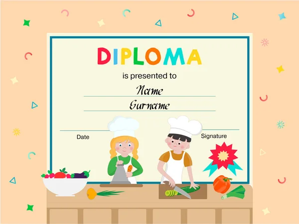 Diplôme Certificat Récompense Des Participants Aux Cours Cuisine Pour Enfants — Image vectorielle