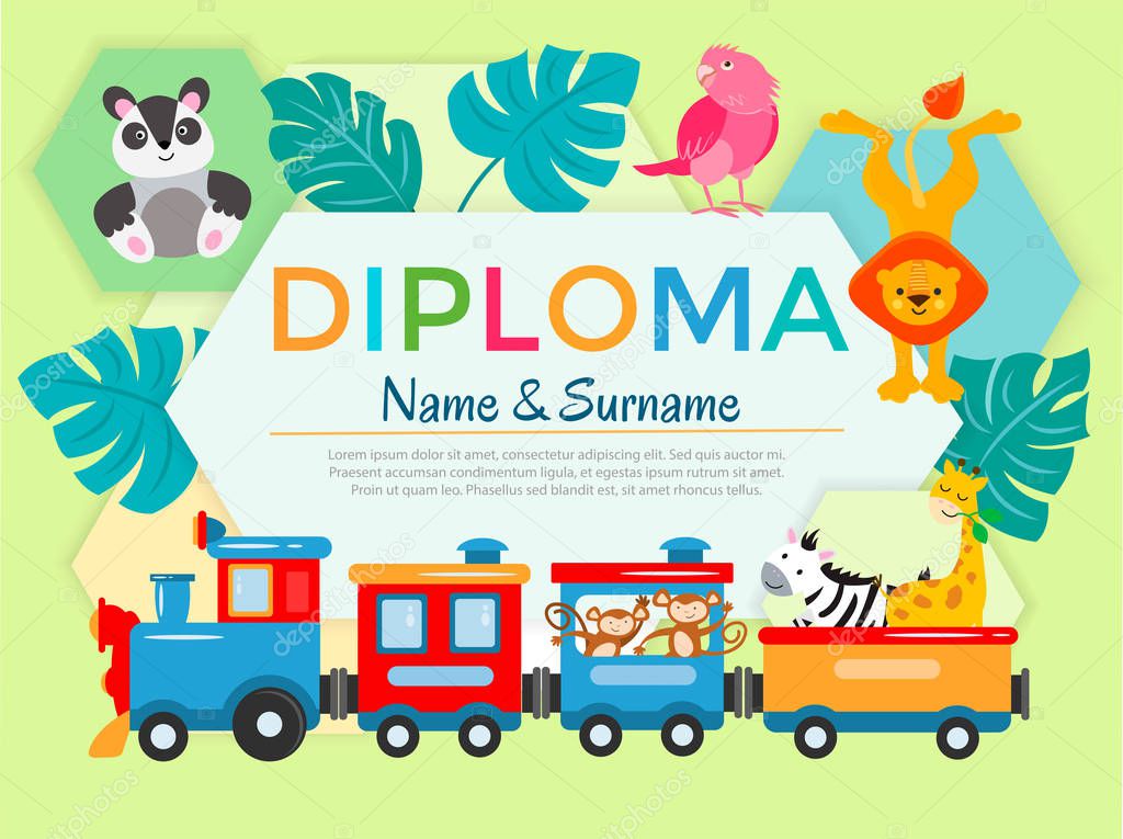 Diploma Certificate of Diploma for participants of a workshop zoo, training courses, competition Jungle and Tropical animals Vector illustration