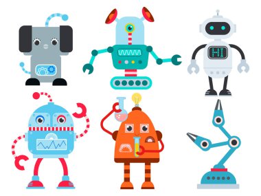 Kartun tarzında posterler, çocuk partileri için davetiyeler, etkinlikler için posterler, oyun sertifikaları tasarlayan sevimli robotlar. Bilim ve uzayda robotlar kavramının vektör illüstrasyonu
