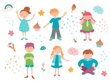 Farklı ruh hallerindeki çocuklar eğlence, üzüntü, sürpriz, öfke ve çocukların hayatlarının ayrıntıları tatilde vektör illüstrasyon konsepti.