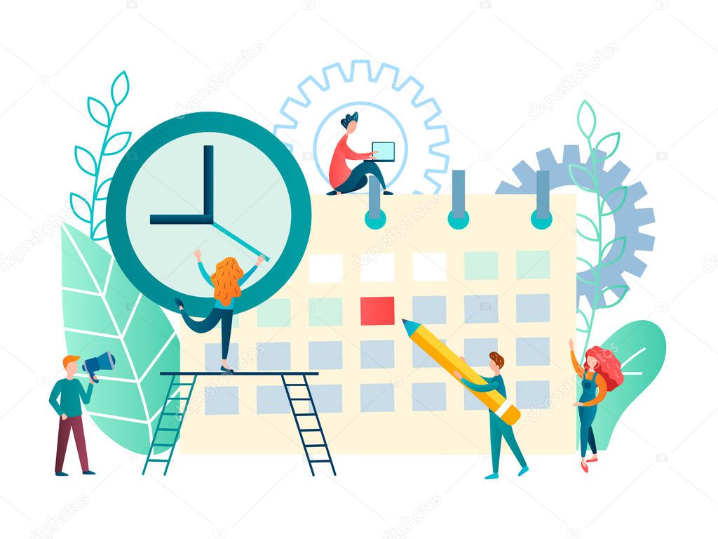 vector illustration business concept. little people characters make a schedule, planning work. design business graphics tasks scheduling on a week