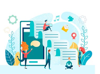 Vektör illüstrasyonu sosyal medya mobil uygulama takım çalışması kavramı. Gençler sosyal ağlarda mobil bir uygulama kullanarak iletişim kuruyor