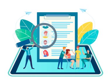  Vektör illüstrasyon tableti çevrimiçi işe alma kavramı. Ofis çalışanlarından oluşan bir ekip özgeçmişi inceleyip form dolduruyor ve online röportaj yapıyor. iş aranıyor.