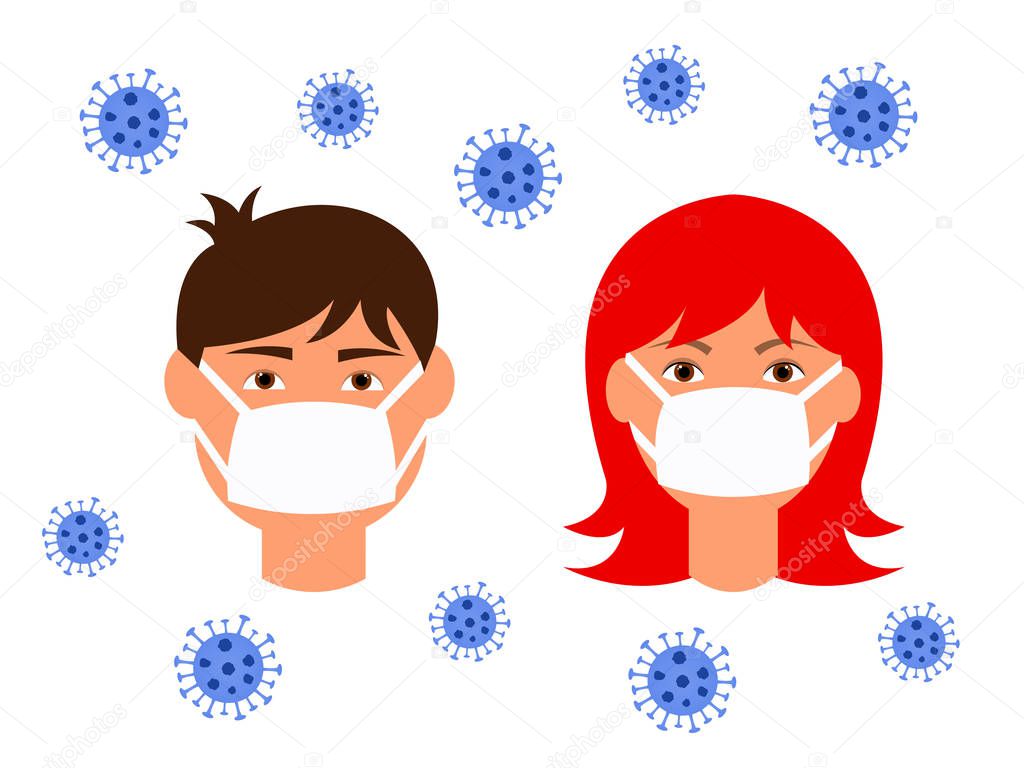 vector illustration young man and girl in medical masks protection from the virus, coronavirus epidemic concept, caution and self-defense stop the virus