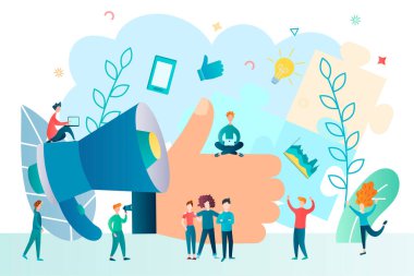 Zafer duyurusu, minnettarlık, parmak kaldırma, onaylama, takımın neşesi, başarılı bir başlangıç, sosyal medya konsepti vektör illüstrasyonuyla reklam