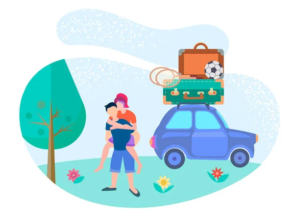 一对年轻夫妇在度假 一辆装有手提箱 足球和羽毛球球拍的旅行车 — 图库矢量图片