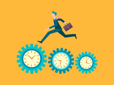 Takım elbiseli ve kravatlı bir işadamı, sınırlı zamanın sembolü olarak ortasında bir saat olan büyük vitesler boyunca çalışır. Vektör illüstrasyon konsepti zaman yönetimi