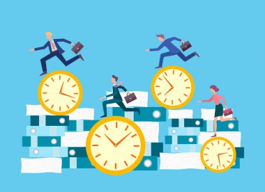 İş adamları, belgeleri ve belgeleri olan klasörler arasında, projeyi zamanında hazırlamaya, işi tamamlamaya ve sonuç elde etmeye çalışıyorlar..