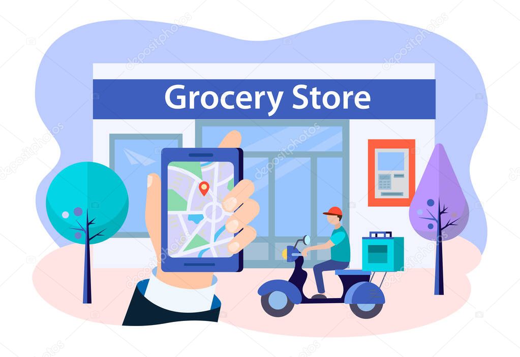 online ordering of food and industrial goods via the mobile app and delivery concept vector illustration Hand with smartphone