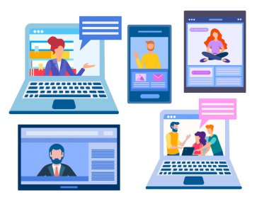 İş görüşmeleri, online iletişim, uzaktan konuşma, tartışma, çevrimiçi kurslar. Vektör illüstrasyon kavramı uzaktan çalışma ve uzaktan kumanda cihazları eğitim seti insanlar ile Screen Business müzakere iletişim online uzaktan konuşma, Negoti