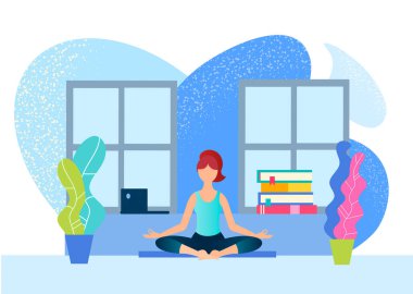 Bir dizüstü bilgisayar ve bir yığın kitap arasında Lotus pozisyonunda bir kız. Vektör illüstrasyonunu sakin ve sağlıklı tut, gerekirse evde çalış ve çalış.