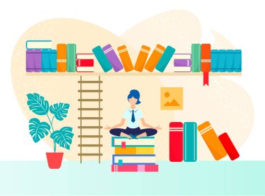 Evde ya da kütüphanede çalış ve çalış. Beyaz bluz giyen ve Lotus pozisyonunda kitap yığınında kravat takan bir kız. Çalışma süresi bitimindeki sükuneti ve çalışma vektörü illüstrasyonunu kavrayın