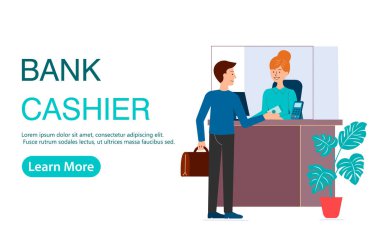 Banka Kasiyeri Vektör İllüstrasyonu. Banka işletmesindeki genç bir işadamı tezgahın arkasında bir banka memuruyla birlikte bir banka işletiyorlar.