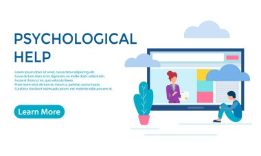Psikolojik illüstrasyon Psikolojik Hepl Online. Tablet monitöründeki A psikoloğu psikolojik yardıma ihtiyacı olan bir kıza psikolojik tavsiyelerde bulunuyor..