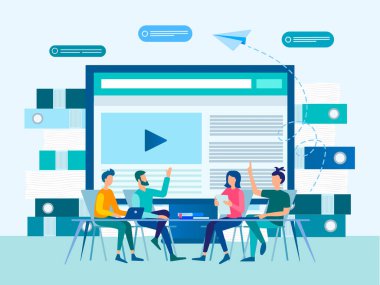 İnternet bağlantısı kullanılarak öğrenim görmek ve çalışmak, ev ofisi, iletişim ve eğitim. Vektör illüstrasyonu.