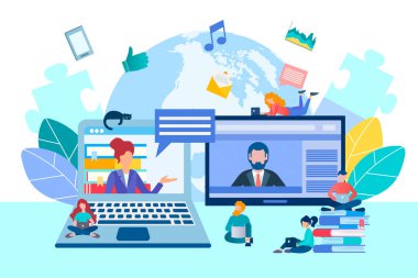 Çevrimiçi iletişim, internet bağlantısı üzerinden görüşmeler, ev ofisinden çalışma ve çalışma, tüm dünya vektör illüstrasyon konseptiyle çevrimiçi.