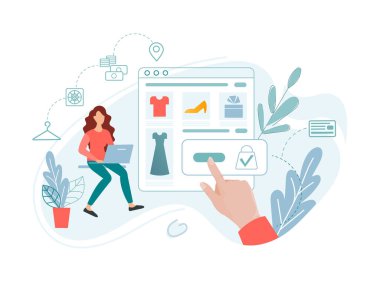 Çevrimiçi alışveriş, çevrimiçi ödemeler, ürün dağıtımı, çevrimiçi mağaza uygulaması. Genç bir kadın çevrimiçi bir mağazadan elbise ve diğer eşyalar satın alır. Kavramsal vektör çizimi.