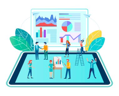 Takım çalışması, küçük insanlar tabletin yüzeyinde bilgi grafikleri eğitimi alıyor, konferanslar düzenliyor ve toplantılar düzenliyor. Vektör illüstrasyon Business Online, başarılı bir İnternet Girişimi.