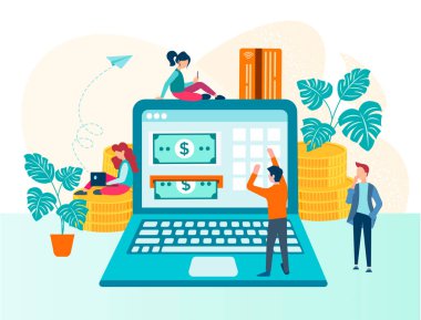 İnternet konsept vektör çizimi yoluyla online ödeme işlemi. Sanal ağda para dolaşımı, elektronik para, elektronik cihaz kullanıcıları başarılı bir iş için çevrimiçi ödeme yapıyorlar.