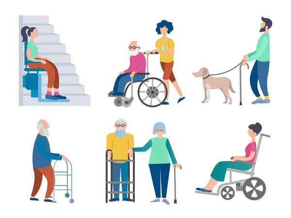 Комплект Векторных Иллюстраций Инвалидов Инвалидных Колясках Пенсионеров Инвалидов Слепого Человека — стоковый вектор