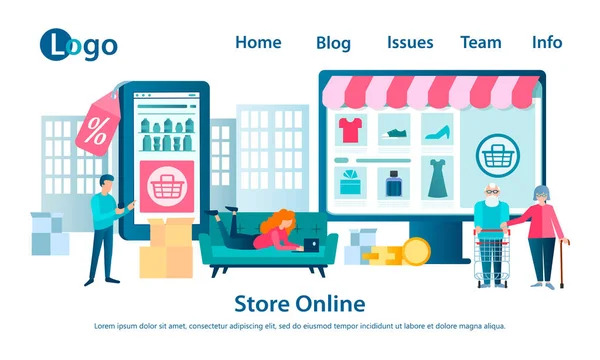 Banner Online Shop Concept Ilustração Vetorial Pessoas Fazem Compras Line — Vetor de Stock