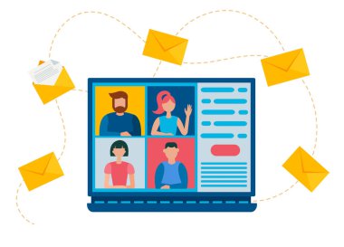 Çevrimiçi webinar, internetteki konferans, uzaktan iletişim, online konsept vektör illüstrasyonuyla buluşma. İnternette sohbet eden insanlar, internet toplantısı..