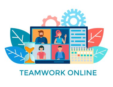 Çevrimiçi takım çalışması, web personeli toplantısı, internet yönetimi konsept vektör illüstrasyonu.