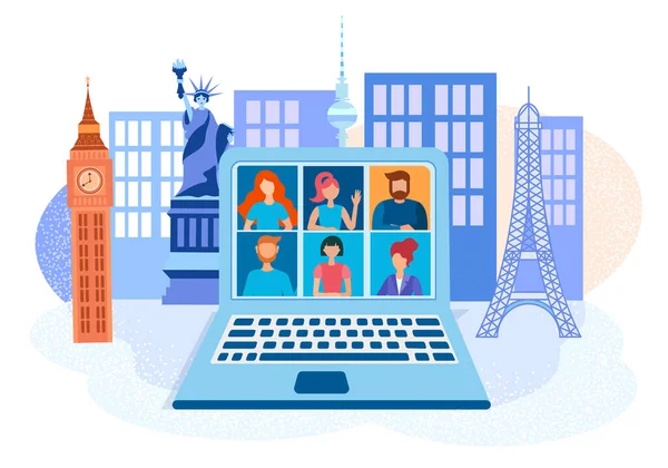 Des Gens Monde Entier Organisent Des Webinaires Des Réunions Ligne — Image vectorielle