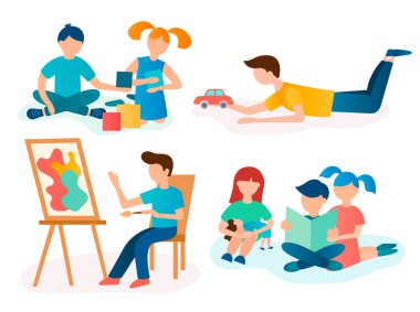 Küplerle oynamak, resim yapmak, okumak, oyuncak bebeklerle oynamak. Çocuk aktiviteleri, konsept vektör çizimi oynayan bir grup çocuk