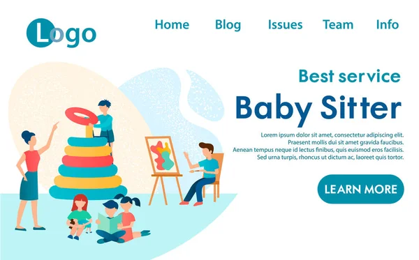 Servizio Baby Sitter Banner Bambini Che Giocano Nella Scuola Materna — Vettoriale Stock