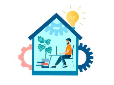 Evde çalışan bir adam, evde çalışır ve çalışır, online bir iş akışı düzenler ve ev vektörü illüstrasyonunda fikirler arar.