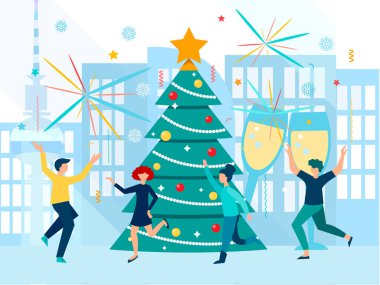 Büyük şehirde yeni yıl partisi. Mutlu Noeller ve yeni yıl kutlaması konsepti vektör illüstrasyonu. Yılbaşı partisi, gençlerin dans etmesi ve Noel ağacının yanında eğlenmesi..